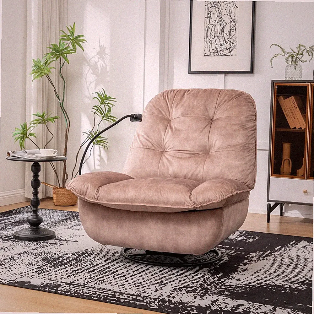 Brown Recliner W/Phone Holder Gold-Stamped Velvet Swivel Glide Rocking Chair
