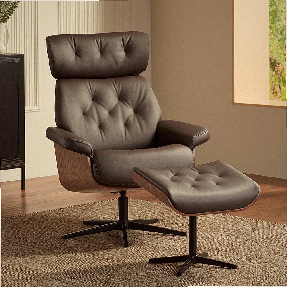 Melia Chocolate Tufted Faux Leather Swivel Recliner and Slanted Ottoman