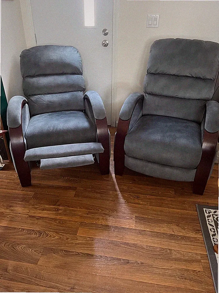 Set of suede and wood recliners from Haverty.