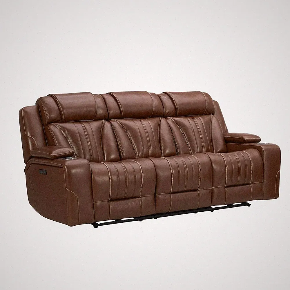 Sofa with Console, Charging Ports - Nature Chestnut Leather
