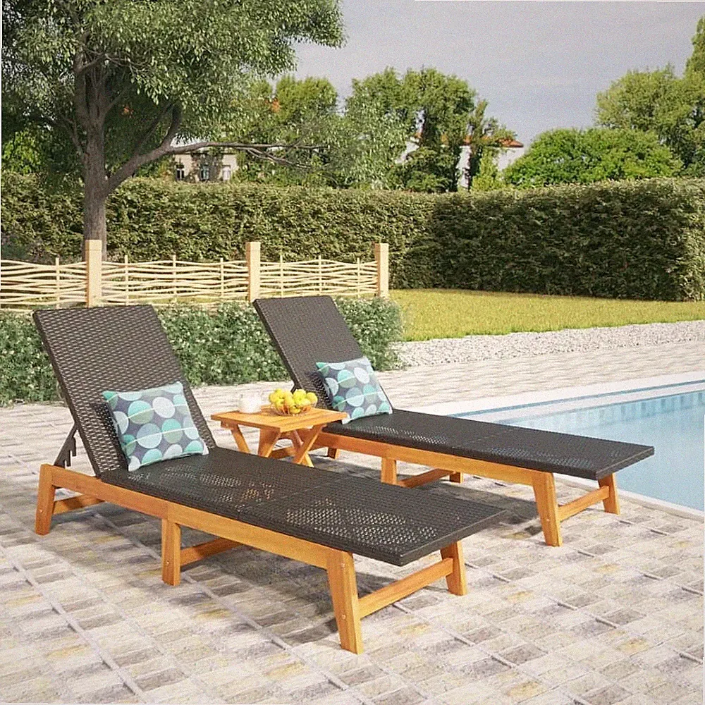 Sun Lounger Black and Brown PE rattan, solid acacia wood, steel