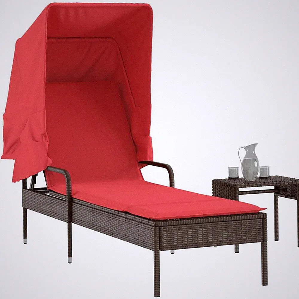Sun Lounger with Canopy and Table Brown Poly Rattan